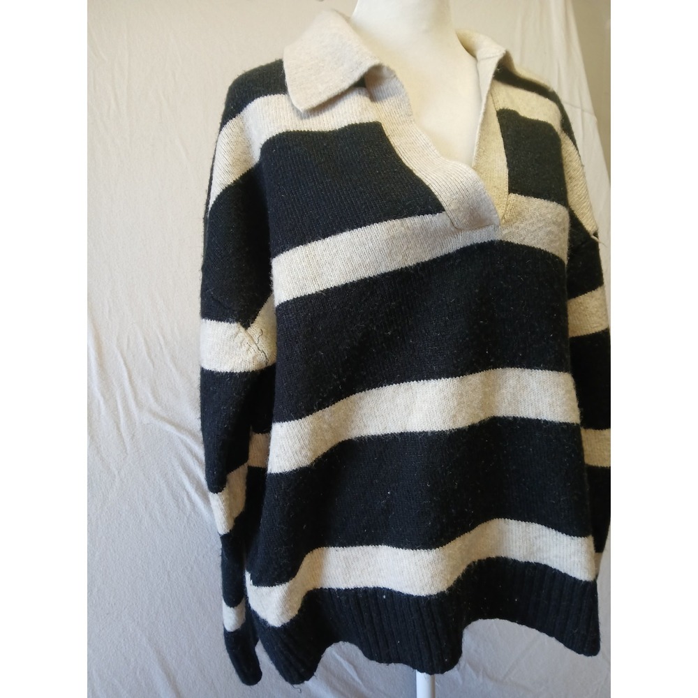 H‎ & M Wool Blend Black and White Striped V-Neck Sweater Womens Medium Collared - Picture 10 of 11